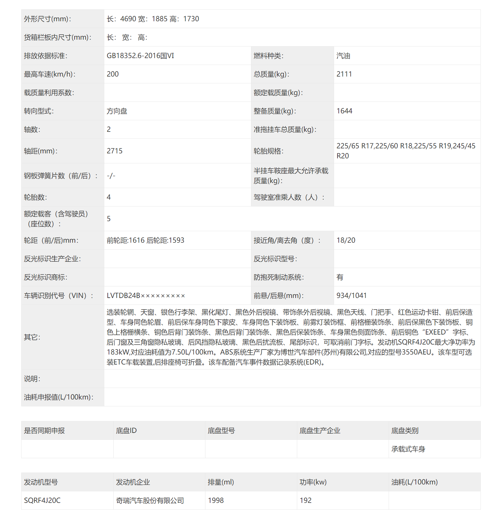 此前公布的星途凌云S申报信息