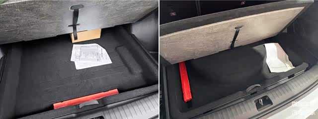 吉利星越L纯燃油版（左）与混动版（右）的后备箱地板下方储物格对比