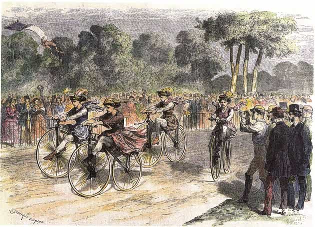 1868年，法国勃艮第地区的一场女性自行车比赛，使用米肖式自行车，曲柄踏板，前轮驱动