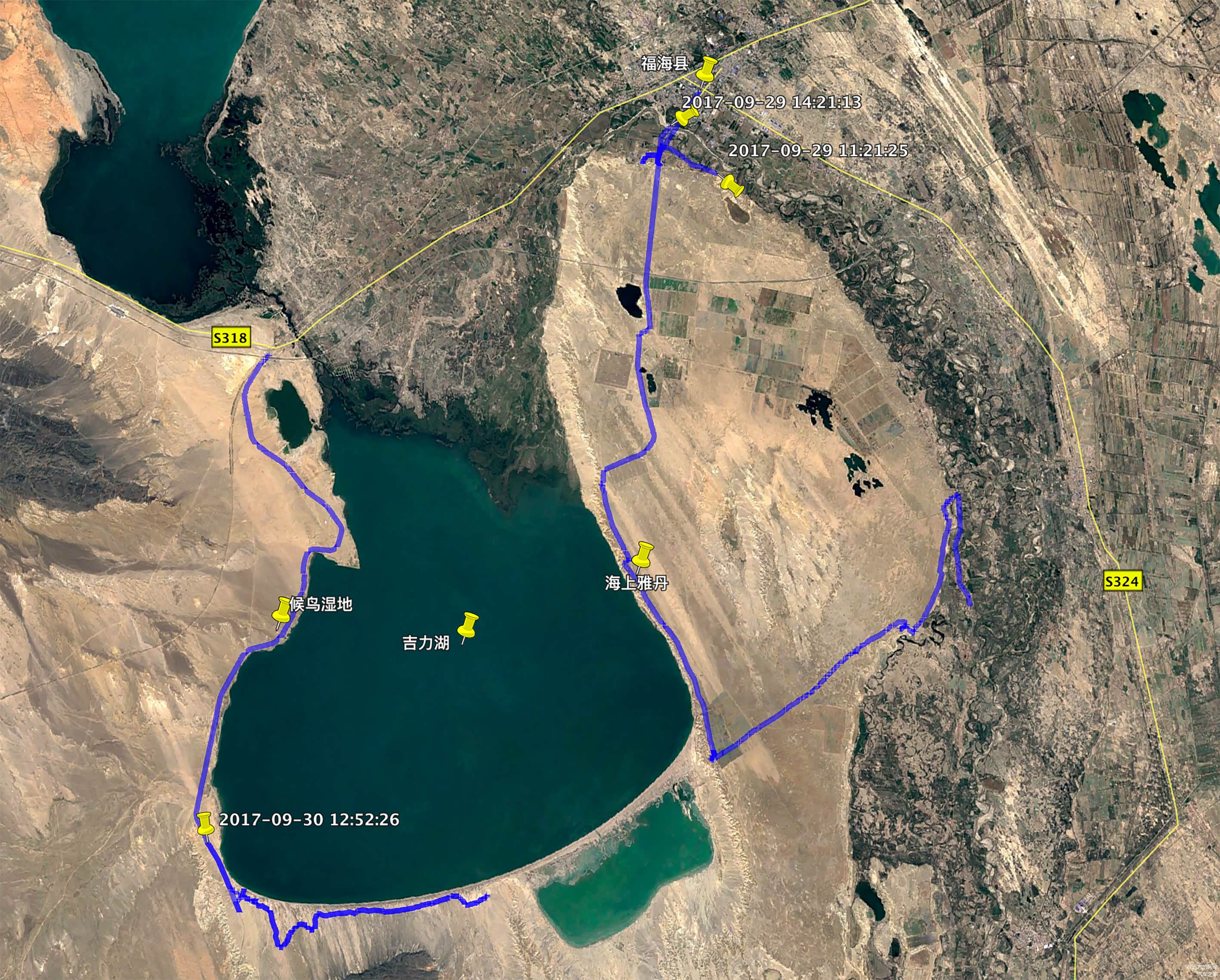 蓝色线段是我两天在吉利湖边游荡的零散GPS轨迹