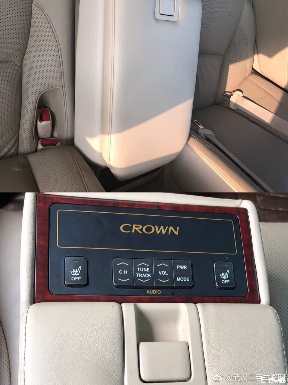 打开后排中央扶手箱，皇冠配置高一点，带有后排座椅加热，显得更加温馨。老婆孩子冬天的时候用途绝壁舒服